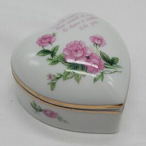 Vtg Lefton China Heart Shaped Trinket Box Pink Roses Gold Trim Mothers Day Gift